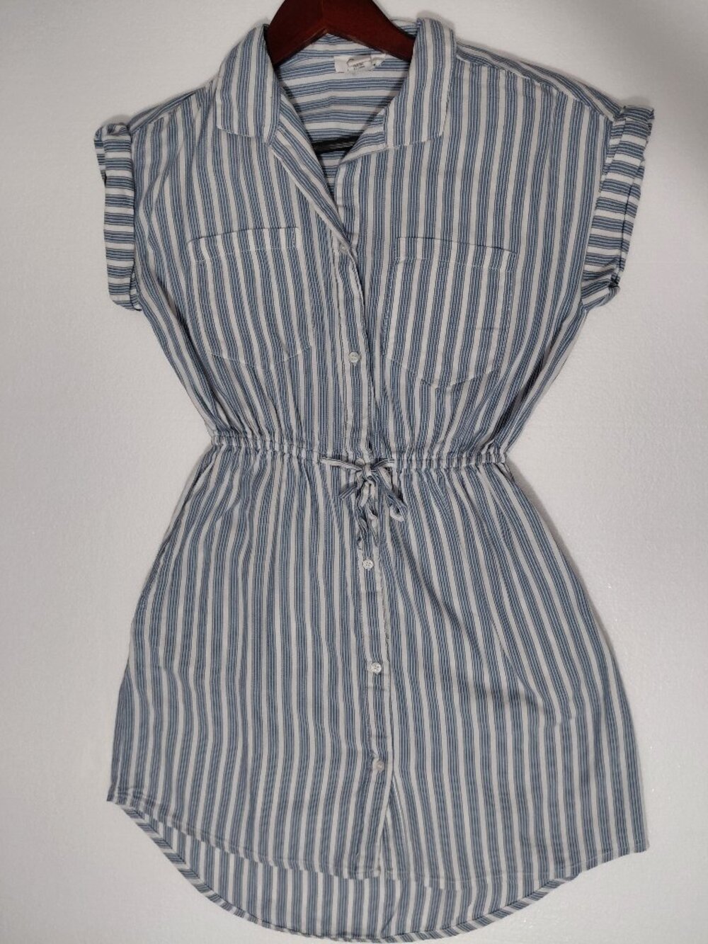 Japra Striped Blue Button-Front Shirt Dress with Drawstring Waist